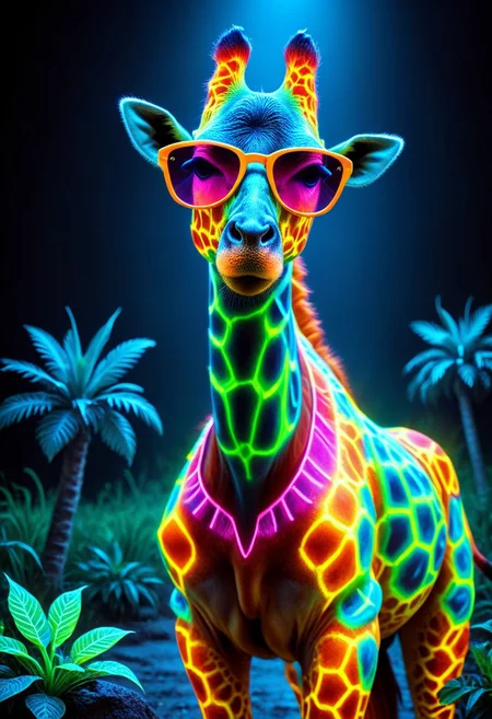 An epic photo of an avant-garde giraffe wearing stylish sunglasses, bioluminescent landscape, neon color, masterpiece, best quality, highly detailed, sharp focus, dynamic lighting, flux-style,