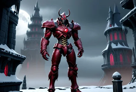 giant bipedal robot. ruby red black and brass paisley. Geometric glass headed large legged robot. lacy robot saucer head outside of a steampunk keep. large detailed torso. dark image. one forty foot tall ancient robot with great arms and two heavy legs. foggy night background. dark foggy night image only. photo realistic image. steampunk details. cogs, chains and pipes incorporated in the fantasy buildings. , wizards tower in background. snow banks ice storm blizzard