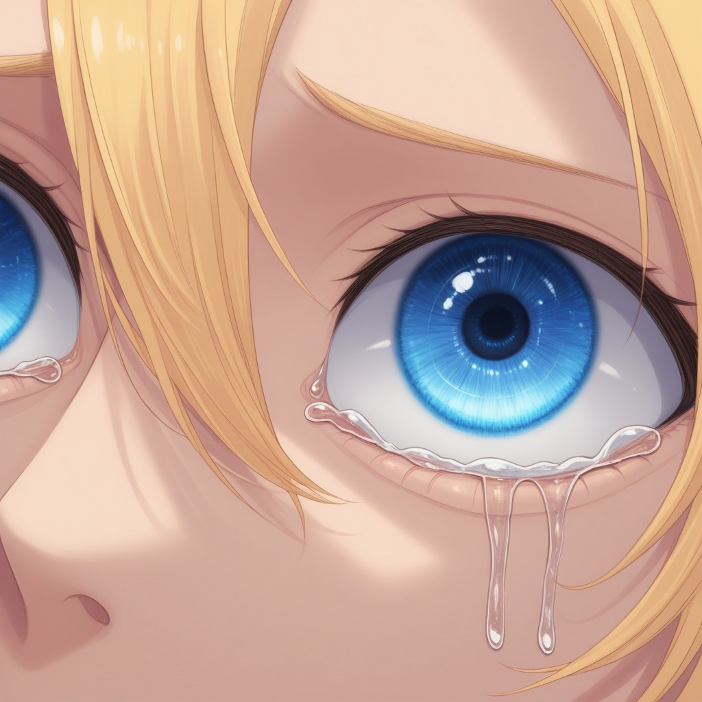 41r_bru5h, blonde hair, eye focus, blue eye, extreme close up, reflection, watery eye, extremely detailed tear,