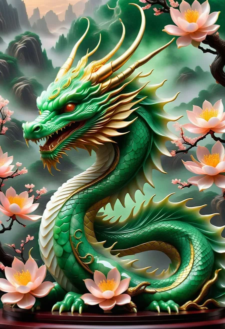 eastern dragon, jade Sculpture,(jade:1.1),mitsu_masaya, gold line, photorealistic, dragon, Ambience light, masterpiece, ultra-high quality,(peach_blossom:0.6),flower blossom background, fog, realistic, cinematic light, score_9, score_8_up, score_7_up,desk, best quality, high quality, 4k quality, ImgFixerPre0.3, fflix_impphoto, made out of, jade,