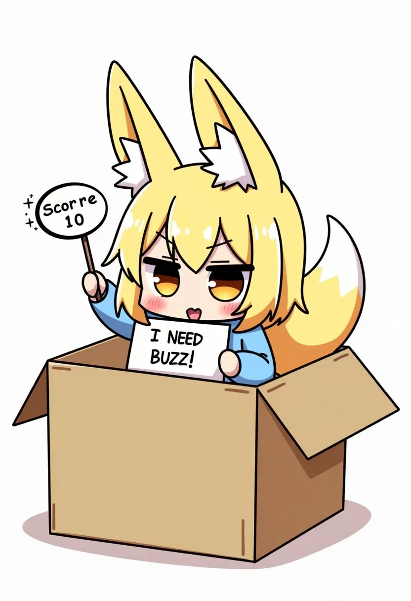 Score_9, score_10, 1girl, fox ears and tail, sitting in cardboard box, chibi, big eyes yippee, need_buzz, holding sign, "I Need Buzz!", human girl with fox ears, simple outfit, pale skin, begging eyes, teary eyes