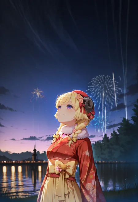 masterpiece, best quality, anime, 1girl, solo, WtmNewYears, horns, blonde hair, purple eyes, twin braids, hair flower, red kimono, yellow hakama skirt, bow, floral print, sash, fur scarf, red beret, wide shot, outdoors, night, moon, aerial fireworks, dark, festival, lake, looking up, smile, <lora:ChamTsunomakiWatameIllustriousXL:1>, <lora:ChamIllustriousBackgroundEnhancer:1>