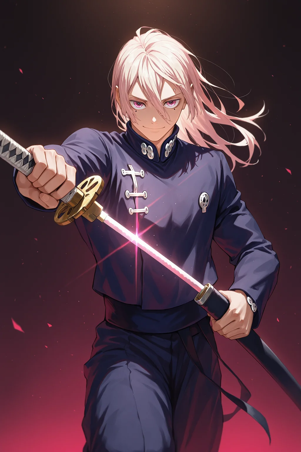 masterpiece, best quality, absurdres, safe,
1boy, hiruhiko, long hair, pink eyes,
smile, standing, outstretched arm, unsheathing, (holding sword:1.2)
<lora:kagurabachi_il_1_d16:1>