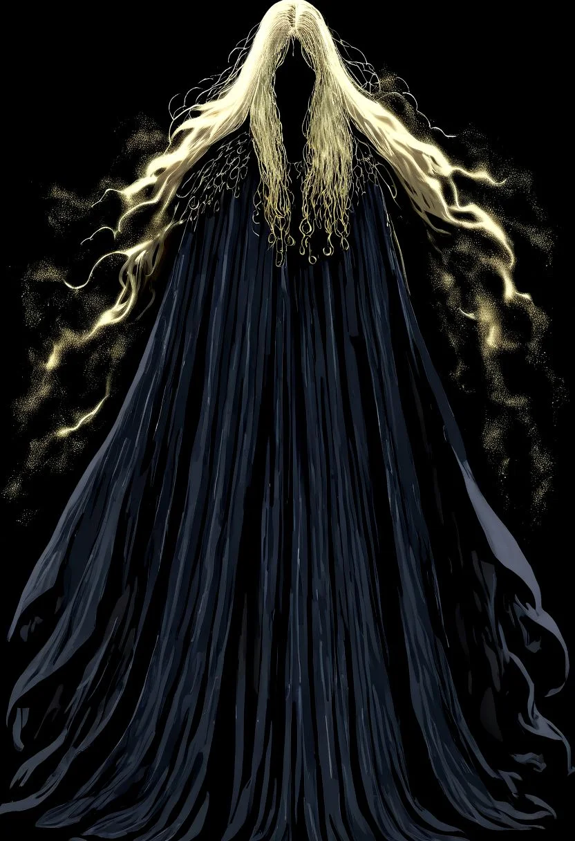 wizardry, illustration, beautiful Female Dryard, long golden hair, silver kneeguards, magic boots, long ears, slender long legs, black background, mysterious, mythical, robe cloth, cape