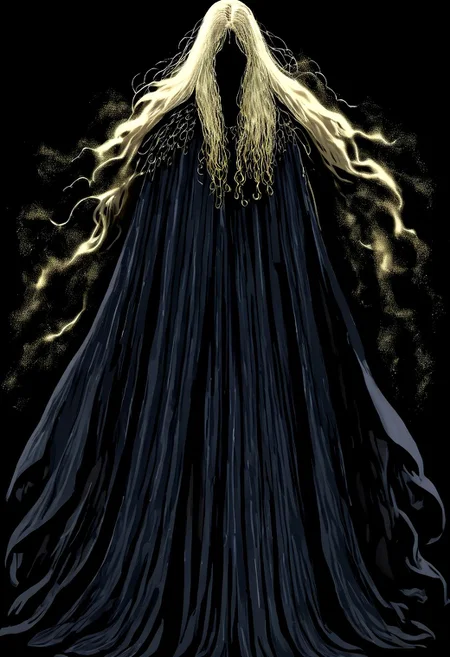 wizardry, illustration, beautiful Female Dryard, long golden hair, silver kneeguards, magic boots, long ears, slender long legs, black background, mysterious, mythical, robe cloth, cape