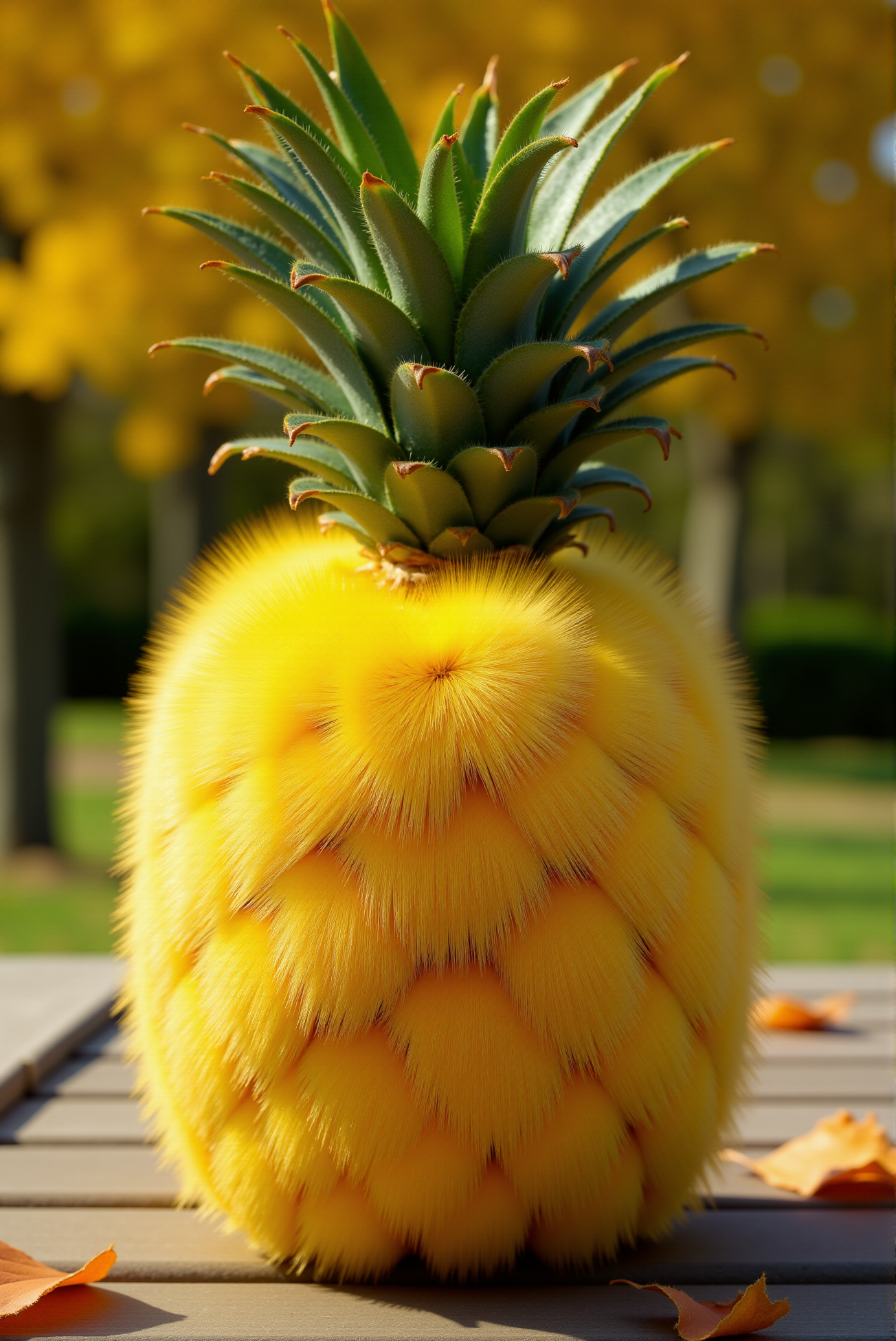 <lora:Fluffy_fur_2:0.8> FluffyFur.  A fresh pineapple covered in airy, short-haired, fluffy fur, the fine strands mirroring the natural pattern of its skin, colored as pineapple. The fluffy fur is dense, following the subtle dimples and curves of the fruit, giving it a surreal yet inviting texture. Tiny, delicate hairs catch the light, creating a soft sheen that mimics the natural waxy glow of a pineapple's surface. The fruit rests on a wooden table, surrounded by scattered leaves, with a gentle autumn breeze hinted in the blurred background, adding a sense of warmth and organic harmony to this strange yet oddly natural creation.