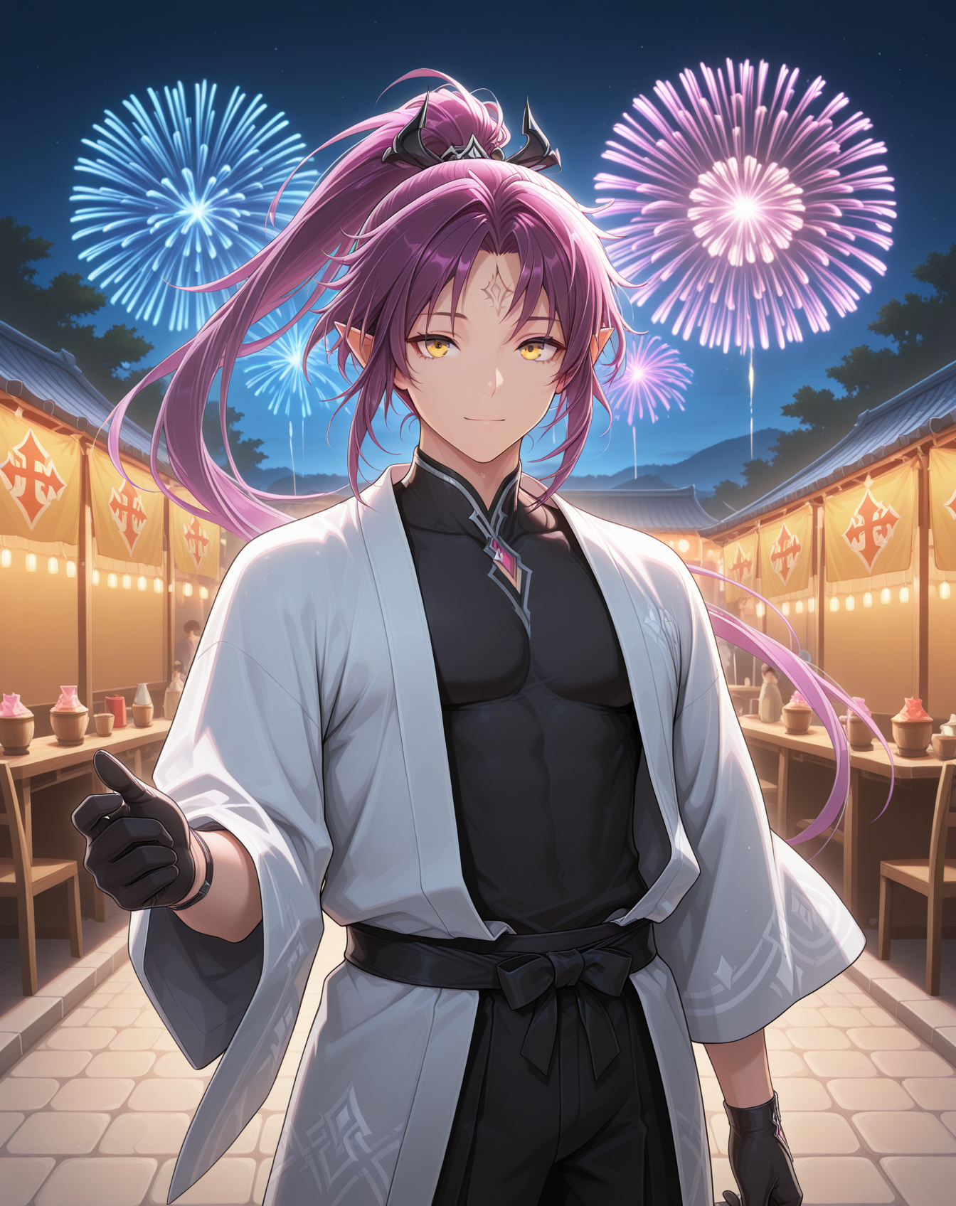 masterpiece,best quality,amazing quality, newest, very aesthetic, absurdres,
1boy, solo, yaoi, male focus, looking at viewer, cowboy shot,
<lora:Veigas_FSI_ilxl:1>  veigasfsi, black gloves, forehead mark, pointy ears, purple hair, high ponytail,yellow eyes, floating hair,
yukata, open clothes,
outdoors, festival, night, fireworks, stone floor,