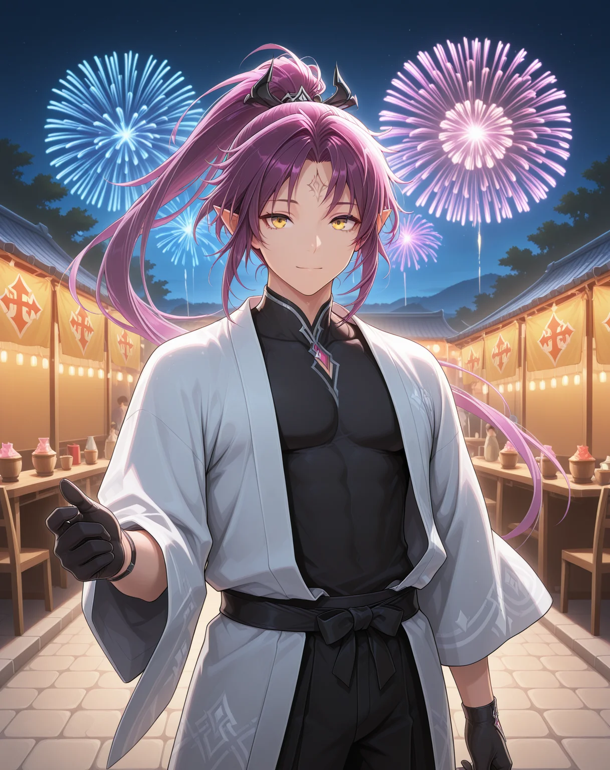 masterpiece,best quality,amazing quality, newest, very aesthetic, absurdres,
1boy, solo, yaoi, male focus, looking at viewer, cowboy shot,
<lora:Veigas_FSI_ilxl:1> veigasfsi, black gloves, forehead mark, pointy ears, purple hair, high ponytail,yellow eyes, floating hair,
yukata, open clothes,
outdoors, festival, night, fireworks, stone floor,