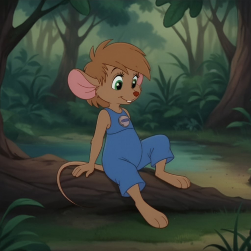 score_9, score_8_up, score_7_up, score_6_up, score_5_up, score_4_up, source_furry, abigailouafv2, semi-anthro, female, mouse, brown fur, green eyes, brown hair, short hair, blue overalls, in a forest, sitting on a rock,