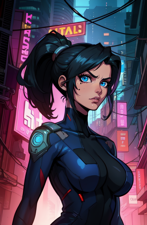annflores. black hair, blue eyes, ponytail, mole under left eye, bodysuit,
looking at viewer, standing, upper body, serious, 
 cyberpunk, city, night, building, 
(insanely detailed, beautiful detailed face,beautiful detailed eyes, masterpiece, best quality)   <lora:annflores-10v7:0.8>