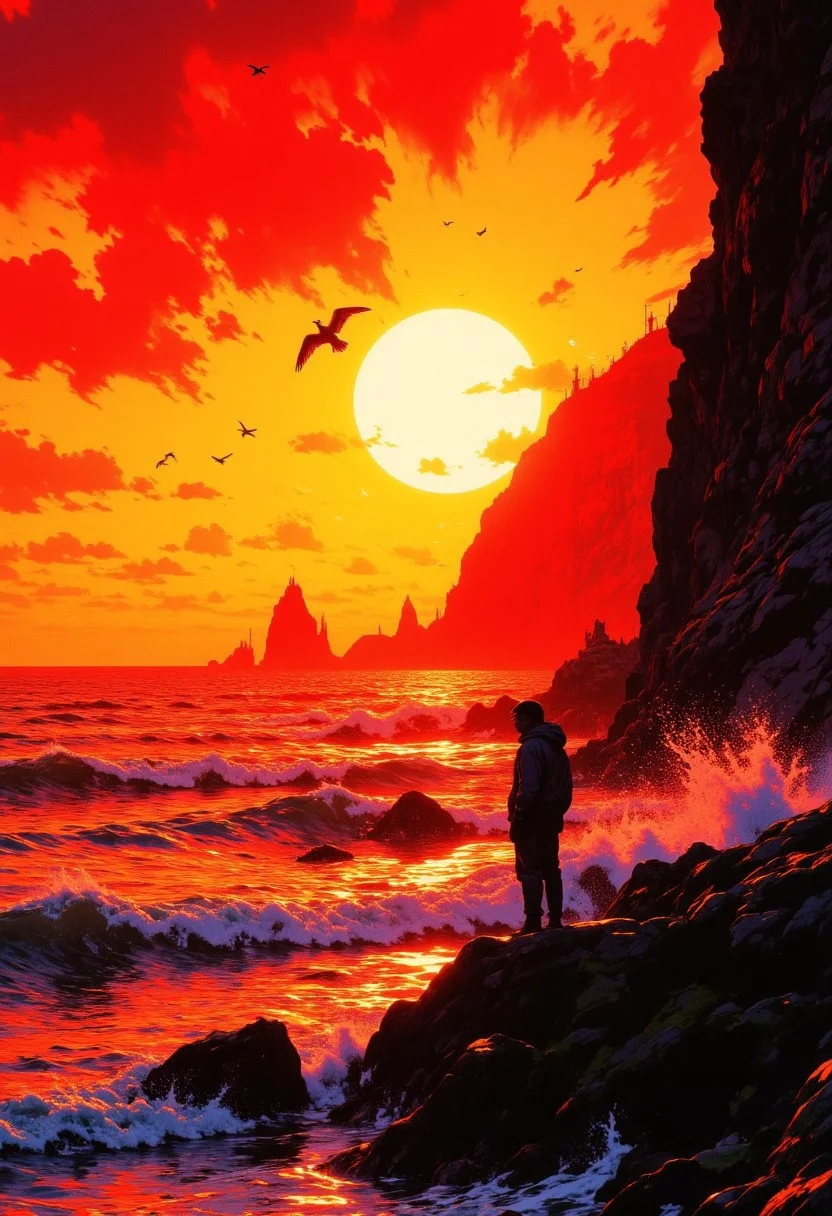 A breathtaking coastal scene unfolds: a rugged shoreline meets the dramatic sunset, where waves fiercely crash against the rocky shore. The sky is set aflame with vibrant hues of orange and red as the sun teeters above the water's edge, refracting through misty tendrils to create a mesmerizing display of color. Above, seabirds majestically soar, their wings aglow with golden light as they glide across the crimson canvas. In the foreground, a solitary figure stands, gazing out at the enchanting horizon, their silhouette defined against the fiery backdrop. CAICO