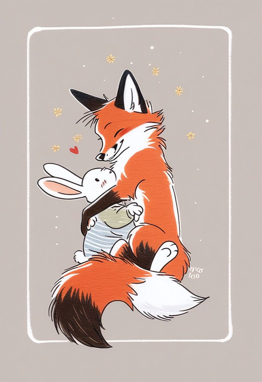 score_9, 1 fox and 1 rabbit are playing together
