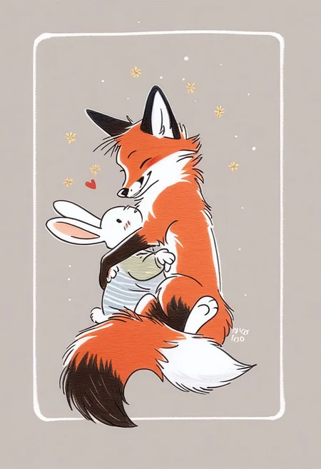 score_9, 1 fox and 1 rabbit are playing together