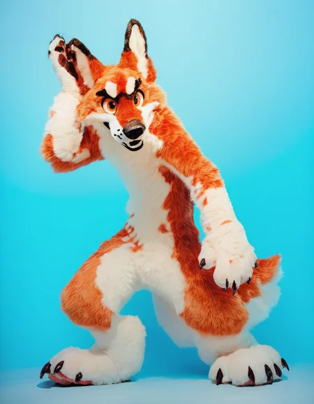 Furry grey and orange wolf, large ears, standing and posing,   <lora:Fursuit_LoRA:0.8> mikus-sona, fursuit, furry focus, furry style, furry costume, anthropomorphic, anthro <lora:Photo 2 Style SDXL_LoRA_Pony Diffusion V6 XL:0.6> raw, photo, realistic, gradient blue background, score_9, score_8_up, score_7_up, score_6_up, score_5_up,