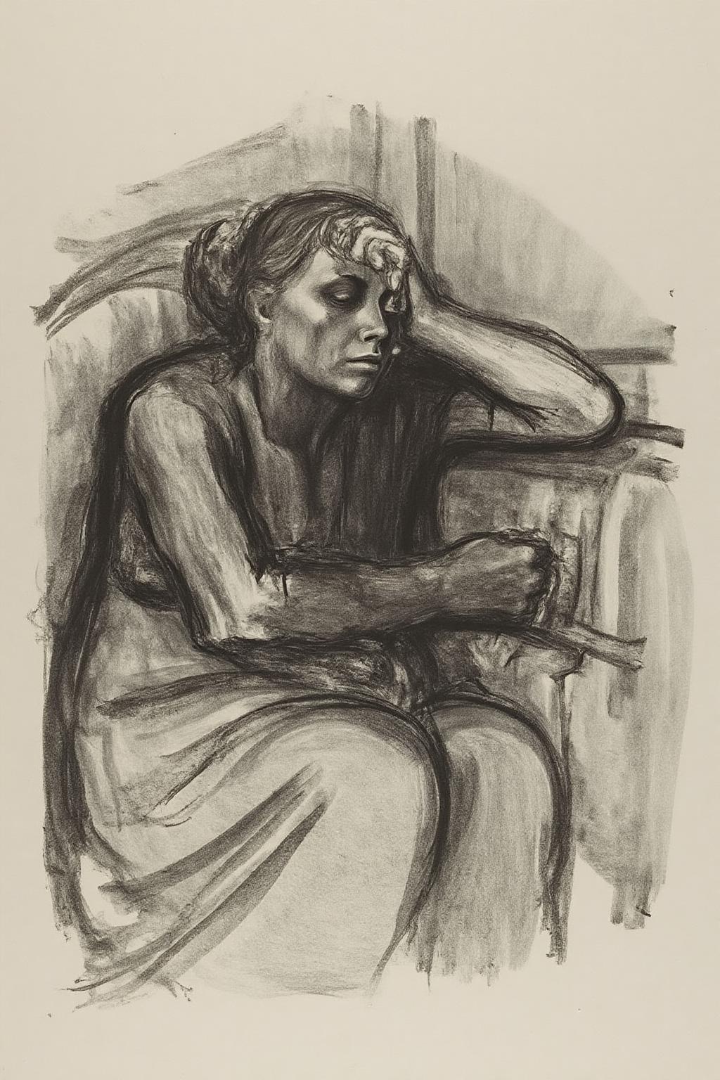 kako1 black and white charcoal drawing. 
This image is a charcoal drawing, rendered in a loose, expressive style. It depicts a poignant scene of a person, possibly a woman, lying on what appears to be a bed or a couch. The figure is depicted in a reclining position, with her head resting on her left arm, which is bent and draped over her face, suggesting a state of deep sleep or profound exhaustion. <lora:kako1_litho_nocap_d6a3:1.0><lora:814723006770404147:0>