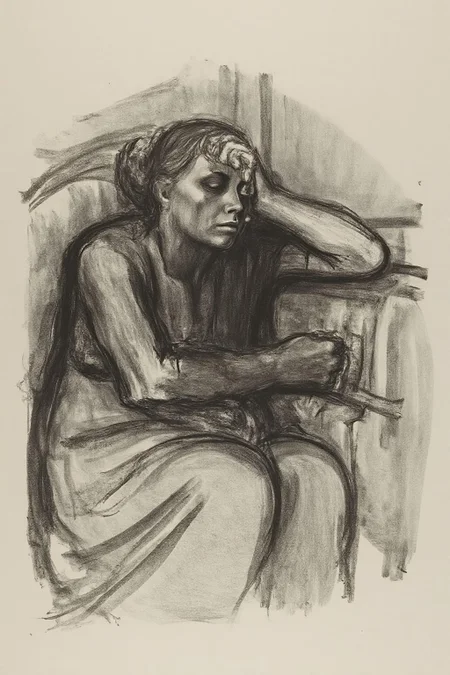 kako1 black and white charcoal drawing. 
This image is a charcoal drawing, rendered in a loose, expressive style. It depicts a poignant scene of a person, possibly a woman, lying on what appears to be a bed or a couch. The figure is depicted in a reclining position, with her head resting on her left arm, which is bent and draped over her face, suggesting a state of deep sleep or profound exhaustion. <lora:kako1_litho_nocap_d6a3:1.0><lora:814723006770404147:0>