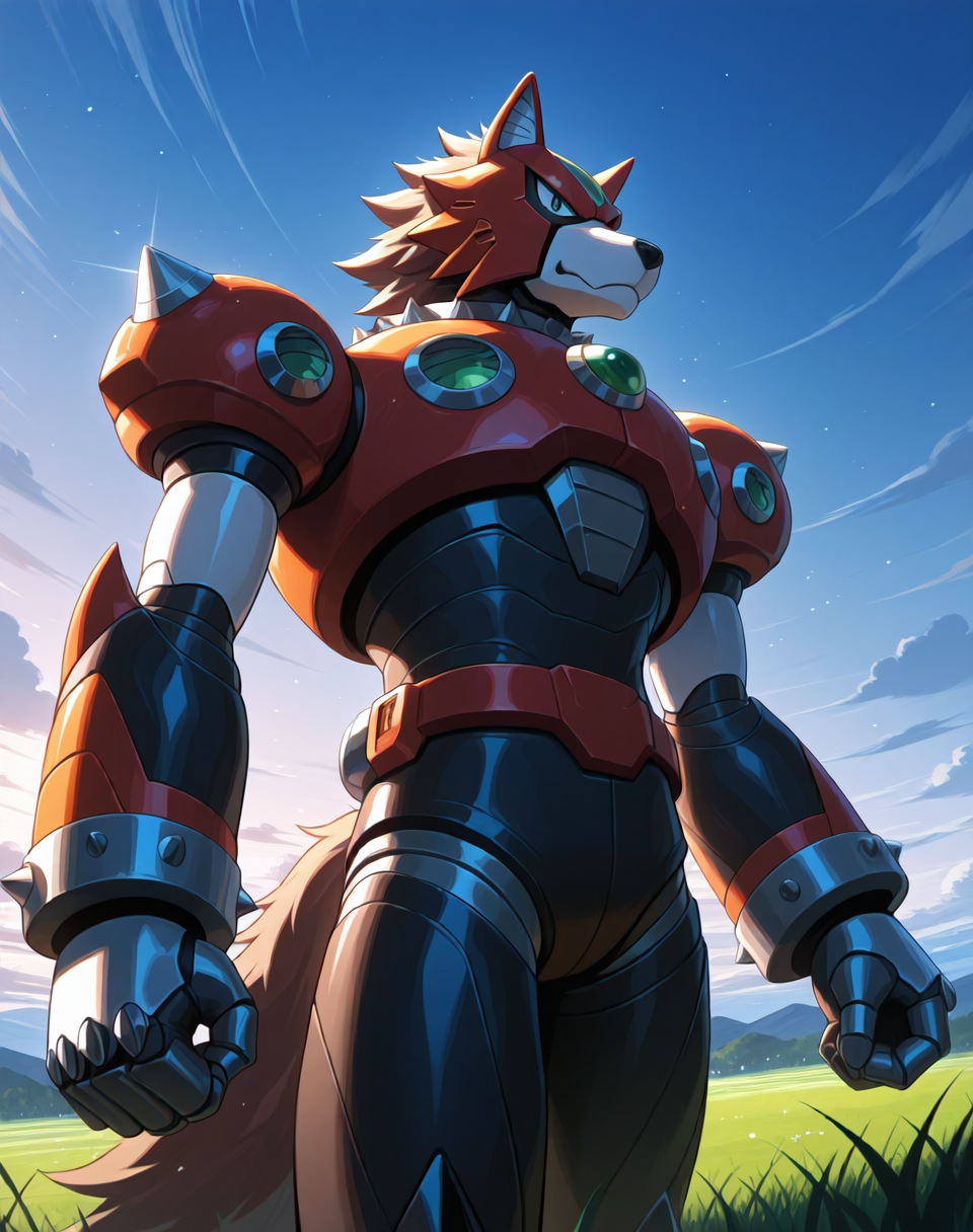 <lora:Reploid_(Mega_Man_X)_(Illustrious)_(AD):1.5> reploid, MMX, 
exterior, sky with clouds, grassy valley,
male focus, intense shadows, dynamic shadows, intricate details, attention to details, gradient coloring, bright vivid colors, robot, bent leg, glossy metal body, cowboy shot, wolf reploid, 
BREAK very awe, masterpiece, best quality, amazing quality, very aesthetic, highres, absurdres,  
EZRealPONYXL, zPDXL, Smooth Quality, lazynsfw,