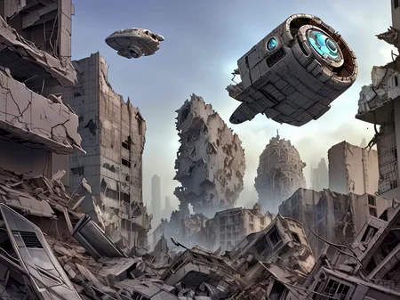 a detailed scaled (small spacecraft hovering over) a modern building in front of a (city in ruins:1.2).
 <lora:Wasteland:0.85> Wasteland, the, and, with, wasteland, background