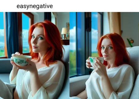 a beautiful woman with red hair and green eyes is sitting leisurely on a couch indoor. She is drinking tea from a delicate cup while looking through her window showing a bright blue sky