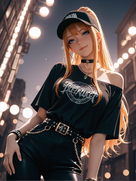 1girl, solo, beautiful eyes, blue eyes, long hair, high ponytail, sidelocks, eyelashes,
shirt, black shirt, t-shirt, print shirt, off shoulder, pants, black pants, fashion,
hat, choker, necklace, bracelet, belt, studded belt, chain, jewelry,
smirk, head tilt,from_below
<lora:astolfomixXL-wildcard-255c-t3-ill2.0:1>, (masterpiece), (best quality), (ultra-detailed), very aesthetic, disheveled hair, perfect composition, moist skin, intricate details, cinematic photo, 35mm photograph, film, bokeh, professional, 4k, highly detailed