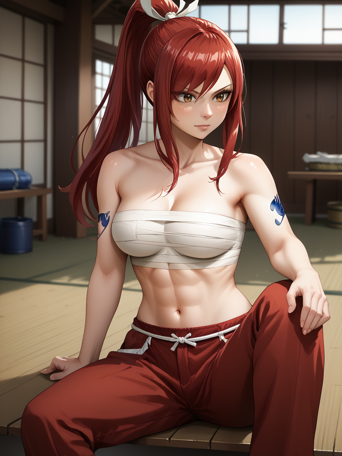 score_9, score_8_up, score_7_up, score_6_up, score_5_up, score_4_up, source_anime, detailed eyes, beautiful eyes, <lora:PONYXL_FD-MegaBreastPack:0.7> <lora:Erza_Scarlet_V2_r1:1> ErzaScarlet, red hair, long hair, very long hair, hair over eye, brown eyes, sanpaku eyes, arm tattoo, blue tattoo, ClearHeart, high ponytail, collarbone, chest sarashi, bandage, bare arms, midriff, red hakama, red pants, inside a dojo, sitting, one knee bent, holding katana, fit body,