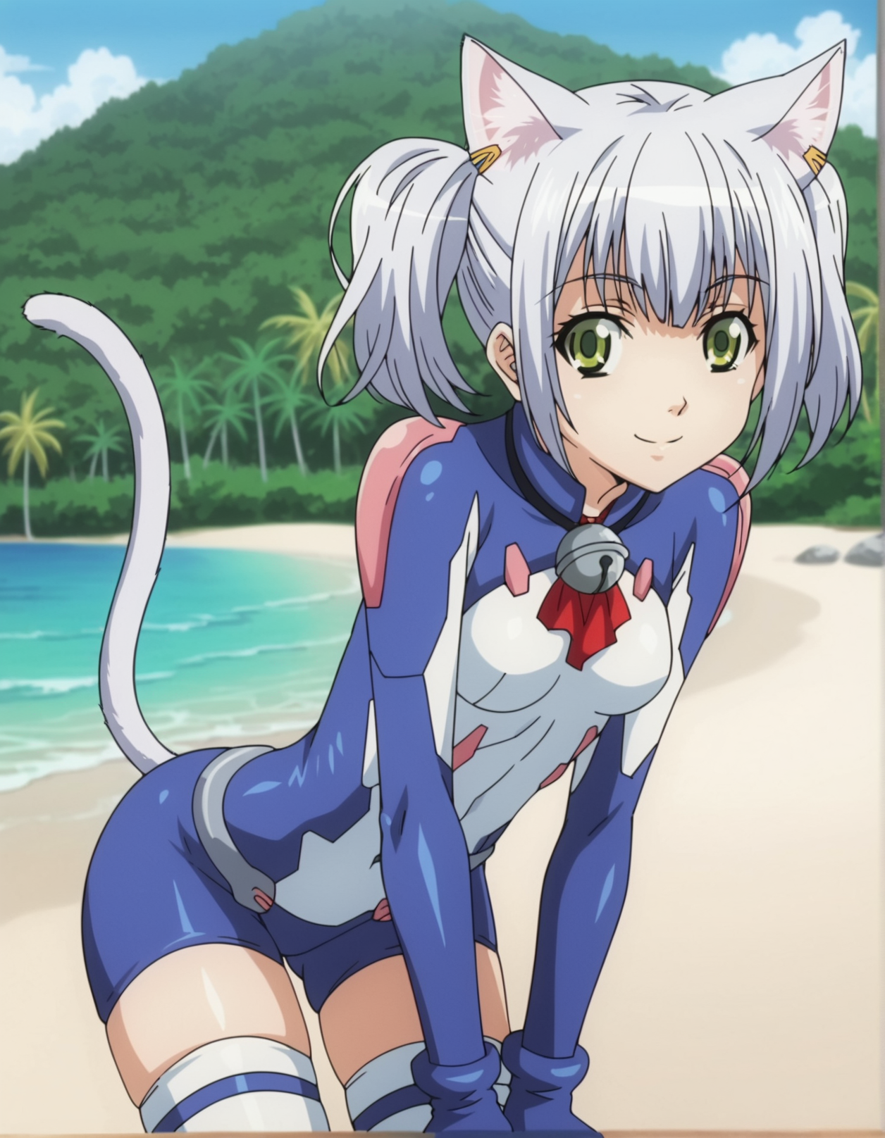 1girl, anime screencap, <lora:VexVexX_Chaika_PONYXL:1>, Chaika, short hair, twintails, bangs, white hair, green eyes, animal ears, cat ears, cat tail, small breasts, deep skin, skindentation, seductive smile, detailed skin, glossy skin, blue bodysuit, bell, white thighhighs, gloves, cowboy shot, from front, sanding, bent over, hands on thighs, legs together, thighs together, looking at viewer, outside, beach, ocean, palm trees