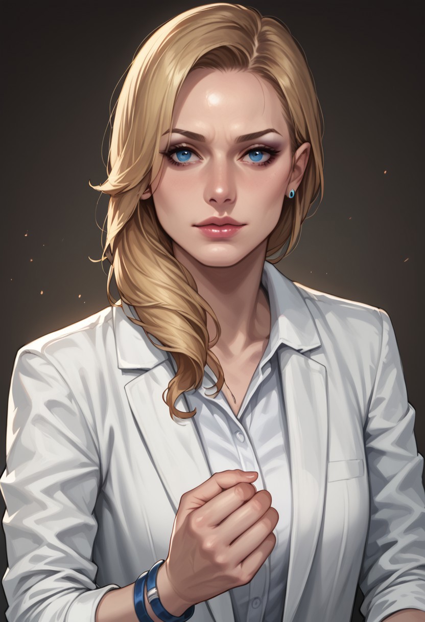 score_9, score_8_up, score_7_up, score_6_up, source_realistic, cowboy shot, BREAK 1girl, Alexwesker, blonde, hair over shoulder, makeup, blue eyes, white suit, collared shirt, bracelets,
