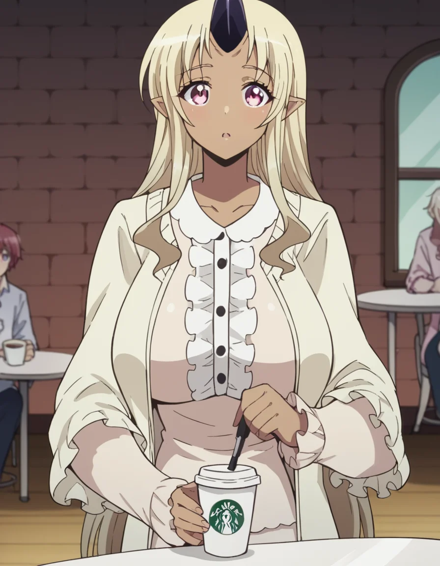 score_9, score_8_up, score_7_up, source_anime, <lora:tionishia-s1-ponyxl-lora-nochekaiser:1>, tionishia, long hair, blonde hair, very long hair, pink eyes, horns, pointy ears, dark skin, huge breasts, dark-skinned female, monster girl, single horn, tall female, frills, white dress, cardigan, centered frills,, cafe, coffee cup, barista, sitting down, talking, relaxing, sunlight through window, , , on back, arm support, arms up, incoming hug, pov, reaching, reaching towards viewer,, solo,, dutch angle,