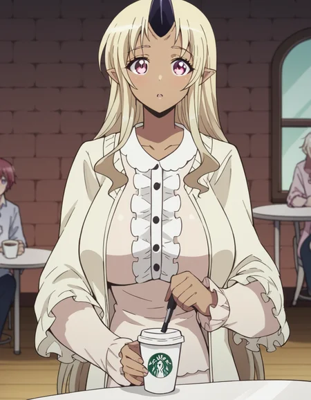 score_9, score_8_up, score_7_up, source_anime, <lora:tionishia-s1-ponyxl-lora-nochekaiser:1>, tionishia, long hair, blonde hair, very long hair, pink eyes, horns, pointy ears, dark skin, huge breasts, dark-skinned female, monster girl, single horn, tall female, frills, white dress, cardigan, centered frills,, cafe, coffee cup, barista, sitting down, talking, relaxing, sunlight through window, , , on back, arm support, arms up, incoming hug, pov, reaching, reaching towards viewer,, solo,, dutch angle,