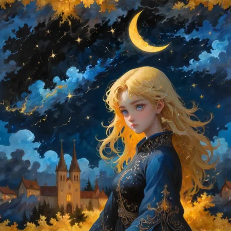 Black, Ultra High Definition,Oil-on-canvas painting of a blue night sky with roiling energy. A fuzzy and bright yellow crescent moon shining at the top. Below the exploding yellow stars and radiating swirls of blue, a distant village sits quietly on the right. Connecting earth and sky is a flame-like cypress tree with curling and swaying branches on the left. A church spire rises as a beacon over rolling blue hills.4K resolution, <lora:neg4all_bdsqlsz_xl_V9:0.7> <lora:add-detail-xl:0.7>