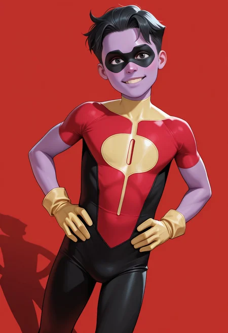 masterpiece, absurdres, high quality, perfect anatomy, 1boy, solo, cute boy, young, male focus, Oliver_Grayson, Purple Skin, Colored Skin, Black Hair, Black Eyes, Domino Mask, Superhero Costume, Yellow Gloves, smile, parted lips, hands on hips, cinematic, intricately detailed illustration, depth of field, masterpiece, best quality, amazing quality, very aesthetic, absurdres, newest, very awa, shadow, dynamic angle, casual cosplay, dynamic pose, simple background, red theme,