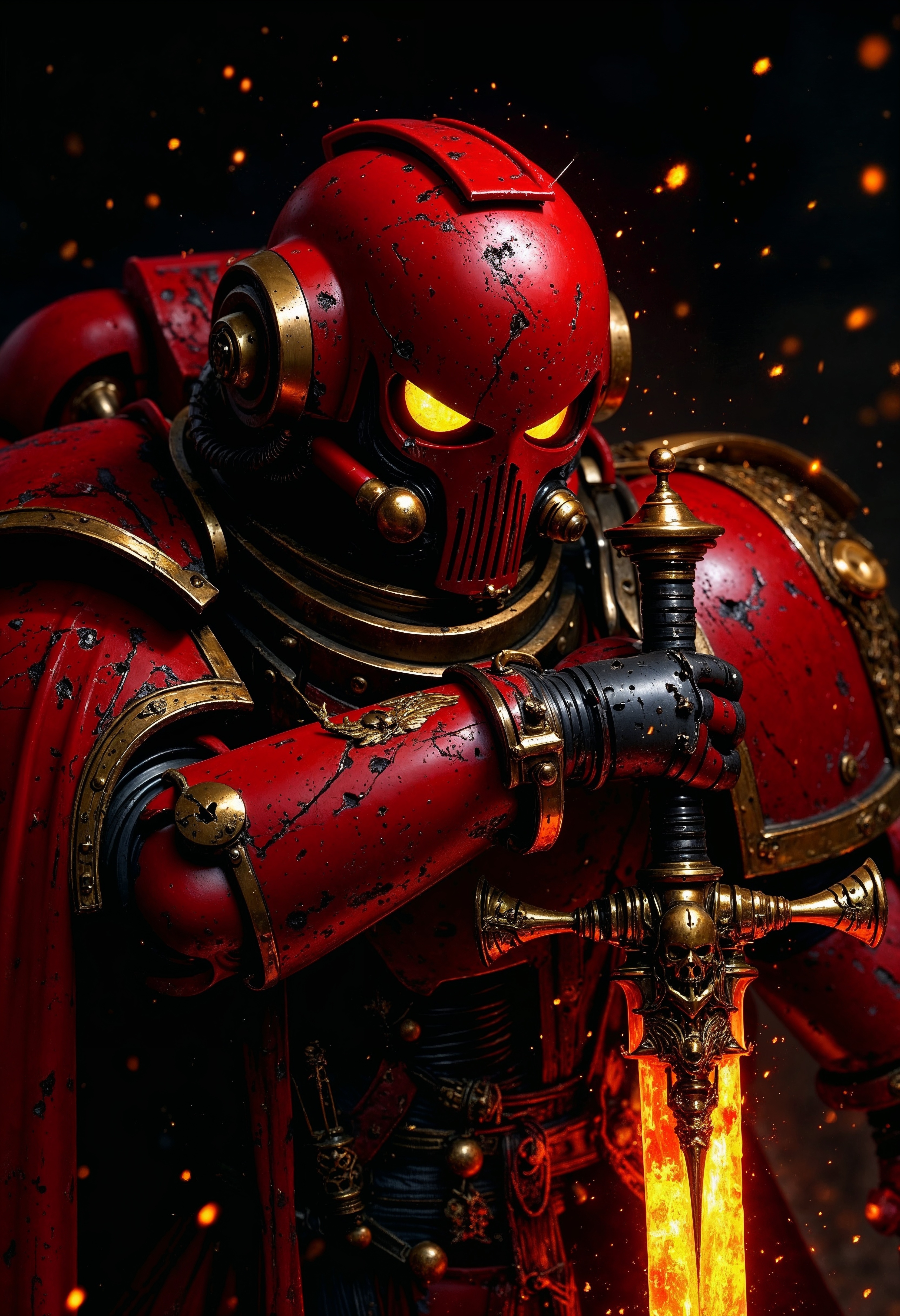 close up, A helmeted red BloodA40K figure holding a glowing orange big sword, dynamic splashes of black and orange suggesting movement against a stark black background, creating a dramatic and mysterious scene with the bright sword and fiery accents standing out vividly, <lora:FluxBloodA40K:0.9> <lora:FluxMythV2:0.7> mythp0rt
