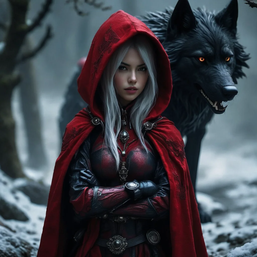 armavena girl in a red black scarlet cloak with a hood dark wolf in the background, very detailed, cinematic, darkness <lora:armavena:1>