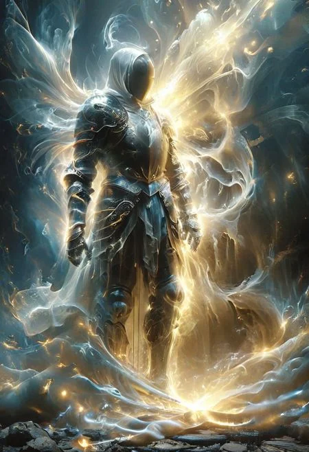 ais-ghostly in the style of an X-ray, on a dark bokeh background, ((energy wings like tentacles))
A stunning, highly detailed dark fantasy full body illustration of a proud warrior wearing intricate medieval HKStyle armor and an epic ornamented mask, holding a great glowing sword, golden and blue glooming eyes, very wide shoulders, wearing big gauntlets, epic composition. The warrior stands heroic with a flowing cloak and hood during a storm with foggy gloom, thunderclouds in the background . with insanely intricate details and textures, gloomy dramatic lighting, 8K resolution
