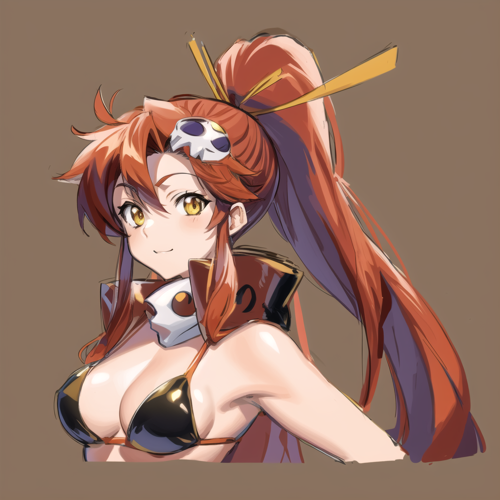 <lora:SlimesYoko-000004:1>, Yoko_Littner, yellow eyes, skull hairpiece, full body, desert background