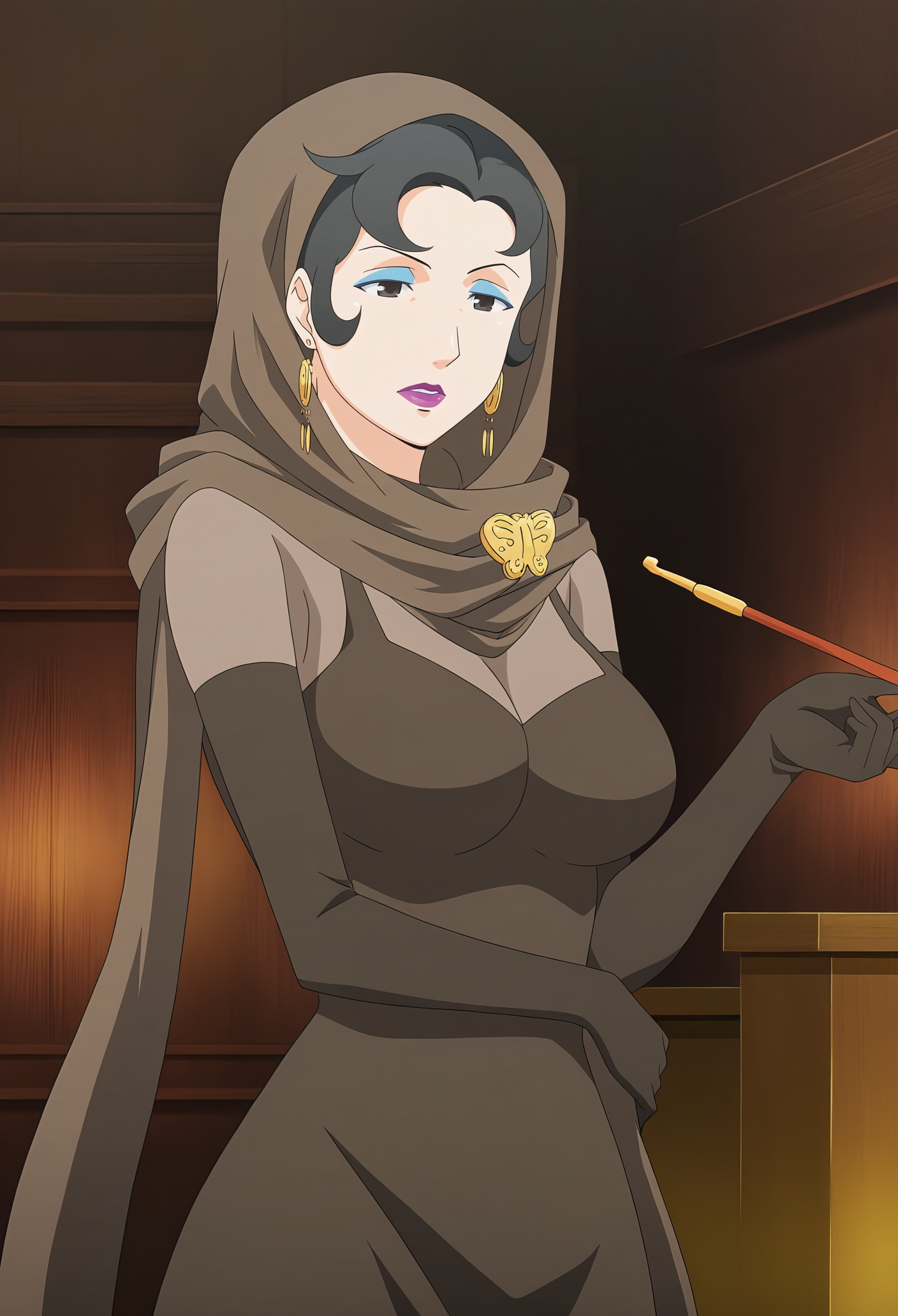 anime screencap,anime coloring,detailed face,masterpiece,best quality,very aesthetic,absurdres,volumetric lighting,official style,amazing quality,ultra detailed,highres,amazing quality,scenery,beautiful detailed hair,beautiful detailed eyes,<lora:Himegami Sakura-IL V1:1>,
Himegami Sakura,1girl,solo,makeup,gloves,earrings,lipstick,jewelry,elbow gloves,smoking pipe,dress,scarf,black hair,breasts,hood,