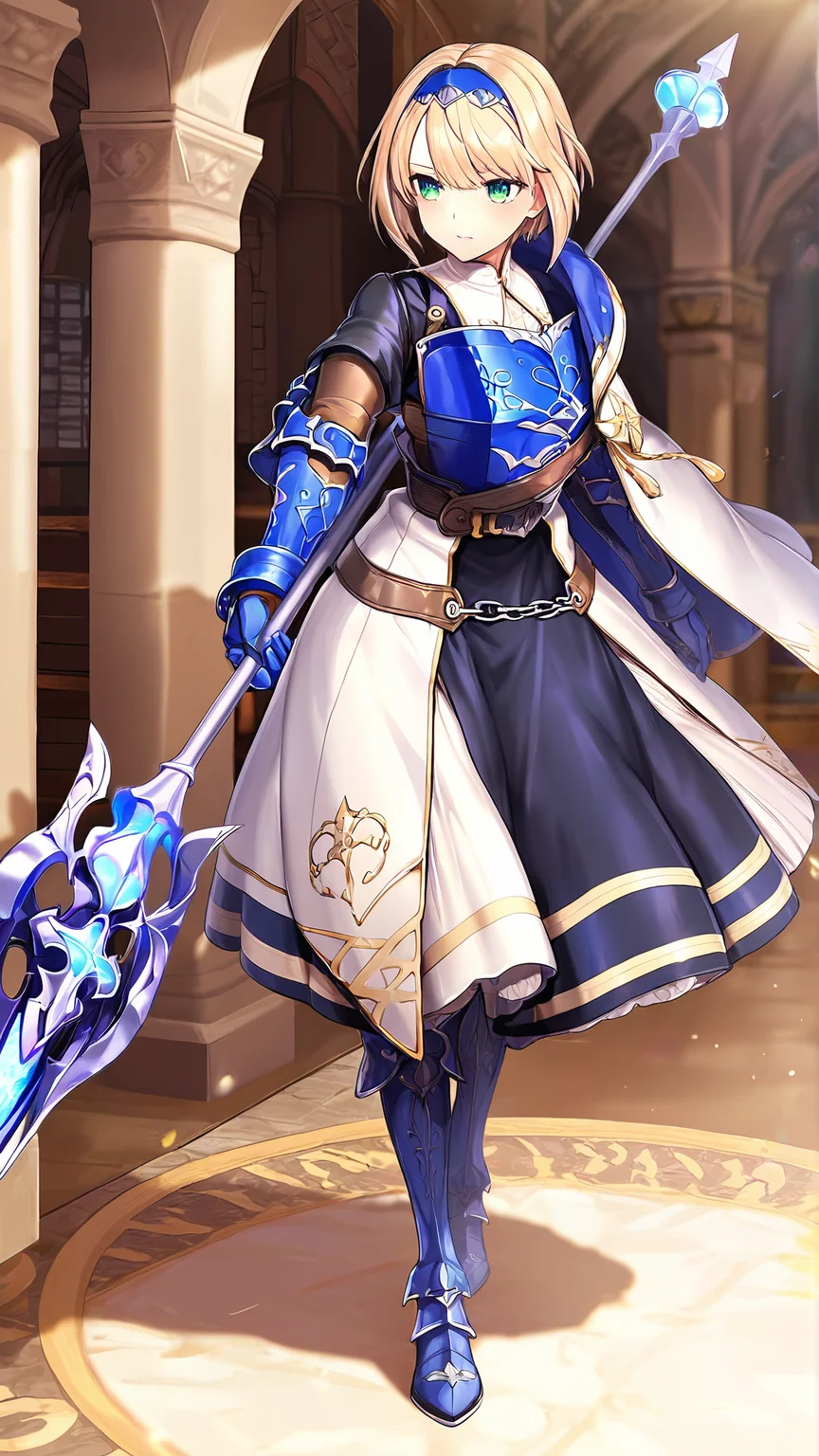 amazing quality,absurdres,best quality,masterpiece,highres,newest,detailed,detailed body,detailed face,masterpiece,best quality,solo,
ããªã¹ãã©,1 girl,blonde hair,short hair,green eyes,hairband,dress,armor,gauntlets,boots,chain,polearm,<lora:æ»ç§ã®é¨å£«éããªã¹ãã©:0.8>,