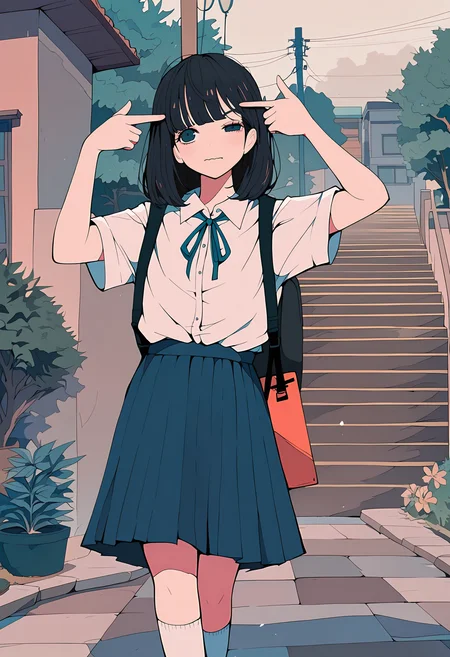 1girl, black hair, medium hair, 
BREAK 1girl, finger gun to head, uneven eyes, wavy mouth, 
BREAK Big Backpack, White Shirt, Short Sleeves, Neck Ribbon, White Socks, outdoors, 
BREAK general,  (nocopyrightgirl:0.75),  (sema \(vivaviva 02\):0.6),  (rrr \(reason\):0.75),  (cuon \(kuon\):0.7),       masterpiece, best quality, absurdres, highres, newest, <lora:ponyv6_noobV1_2_adamW:0.7>, <lora:VICE_v1.1:0.4>