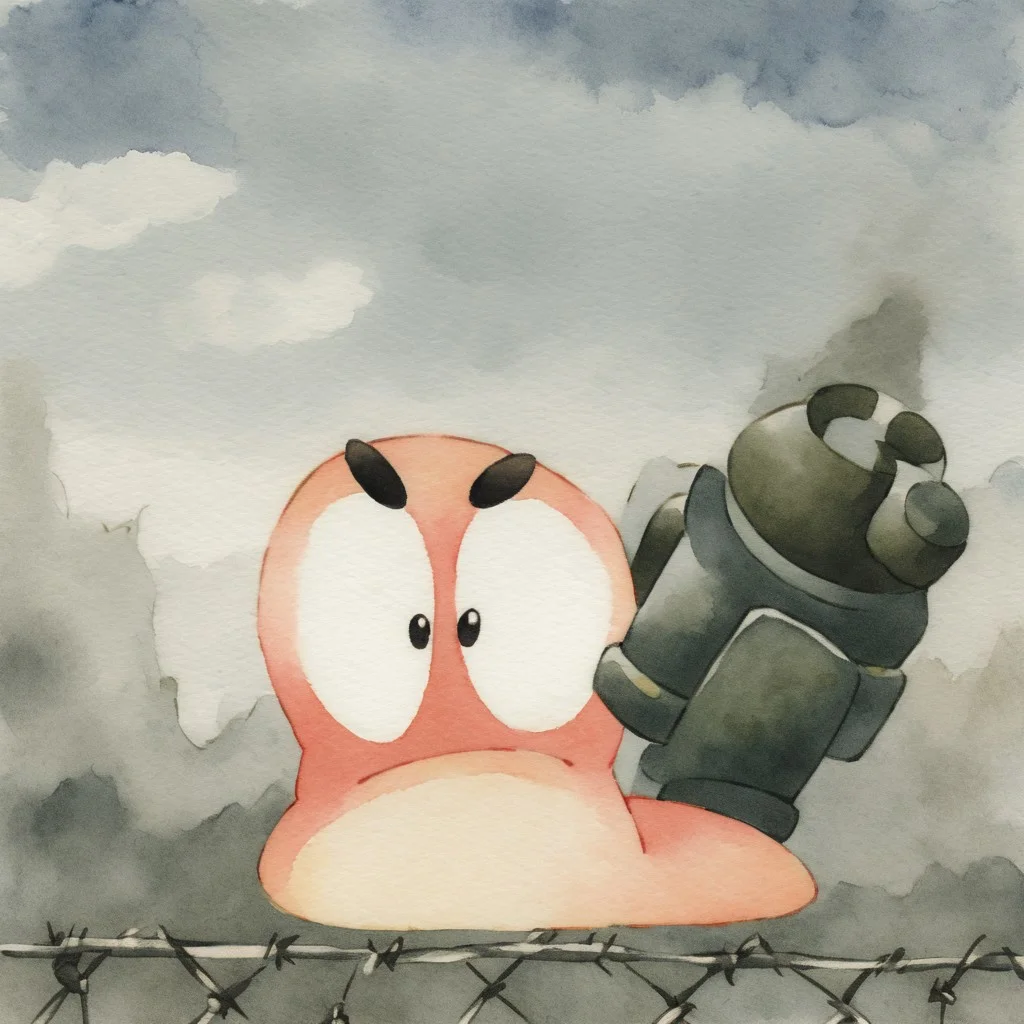 (worm), solo, 1worm, 2d, [[[[watercolor pokemon style]]]], (((mouth))), worm focus, big cartoon eyes, black floating eyebrows, frown, war background, barbed wire fence in background, stationary gun in background, [[[cloudy grey sky]]]