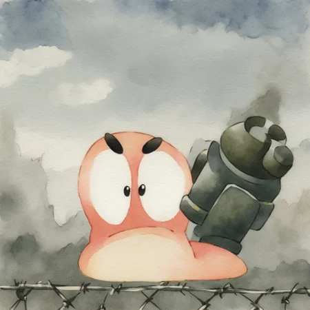 (worm), solo, 1worm, 2d, [[[[watercolor pokemon style]]]], (((mouth))), worm focus, big cartoon eyes, black floating eyebrows, frown, war background, barbed wire fence in background, stationary gun in background, [[[cloudy grey sky]]]