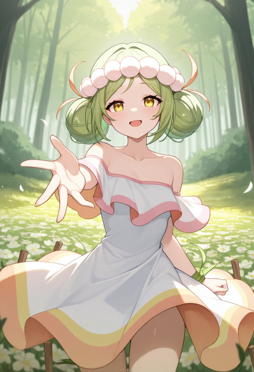 1girl,solo,<lora:florappnil:0.9>,florappn,yellow eyes,green hair,hair ornament,hair bun,double bun,dress,off-shoulder dress,collarbone,bare shoulders,cowboy_shot,looking_at_viewer,smile,reaching,open mouth,forest,flower field,wind,incredibly absurdres,masterpiece,best quality,good quality,newest,