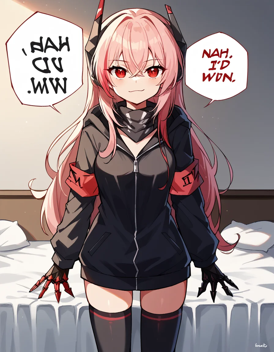 score_9, score_8_up, score_7_up, source_anime, <lora:girlsfrontline-m4-sopmod-ii-ponyxl-lora-nochekaiser:1>, m4 sopmod ii, hair between eyes, red eyes, pink hair, streaked hair, red hair, sidelocks, long hair, multicolored hair, two-tone hair,, armband, black gloves, black jacket, black scarf, black thighhighs, gloves, hair ornament, headgear, headphones, holster, hood, hooded jacket, jacket, mechanical hands, red armband, scarf, thighhighs, track jacket,, hotel room, bed, desk, mini fridge, room service, , <lora:nah-id-win-ponyxl-lora-nochekaiser:1> nah id win, nah i'd win (meme), english text, speech bubble, meme, talking, straight-on, portrait,, looking at viewer, solo,, dutch angle, cowboy shot