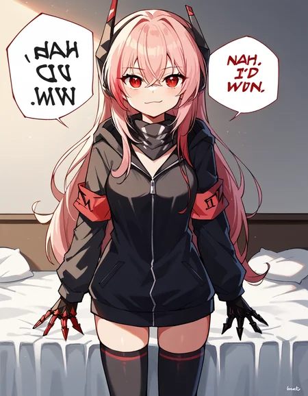 score_9, score_8_up, score_7_up, source_anime, <lora:girlsfrontline-m4-sopmod-ii-ponyxl-lora-nochekaiser:1>, m4 sopmod ii, hair between eyes, red eyes, pink hair, streaked hair, red hair, sidelocks, long hair, multicolored hair, two-tone hair,, armband, black gloves, black jacket, black scarf, black thighhighs, gloves, hair ornament, headgear, headphones, holster, hood, hooded jacket, jacket, mechanical hands, red armband, scarf, thighhighs, track jacket,, hotel room, bed, desk, mini fridge, room service, , <lora:nah-id-win-ponyxl-lora-nochekaiser:1> nah id win, nah i'd win (meme), english text, speech bubble, meme, talking, straight-on, portrait,, looking at viewer, solo,, dutch angle, cowboy shot