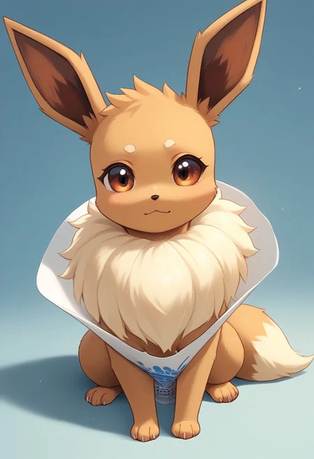 masterpiece, highres, score_9, score_8_up, score_7_up, source_anime, solo, Eevee, pokemon, feral, ((eevee wearing a cone of shame, plastic cone around eevee's neck above chest fluff)), eevee sitting on a couch looking very sad, droopy ears, looking at viewer,