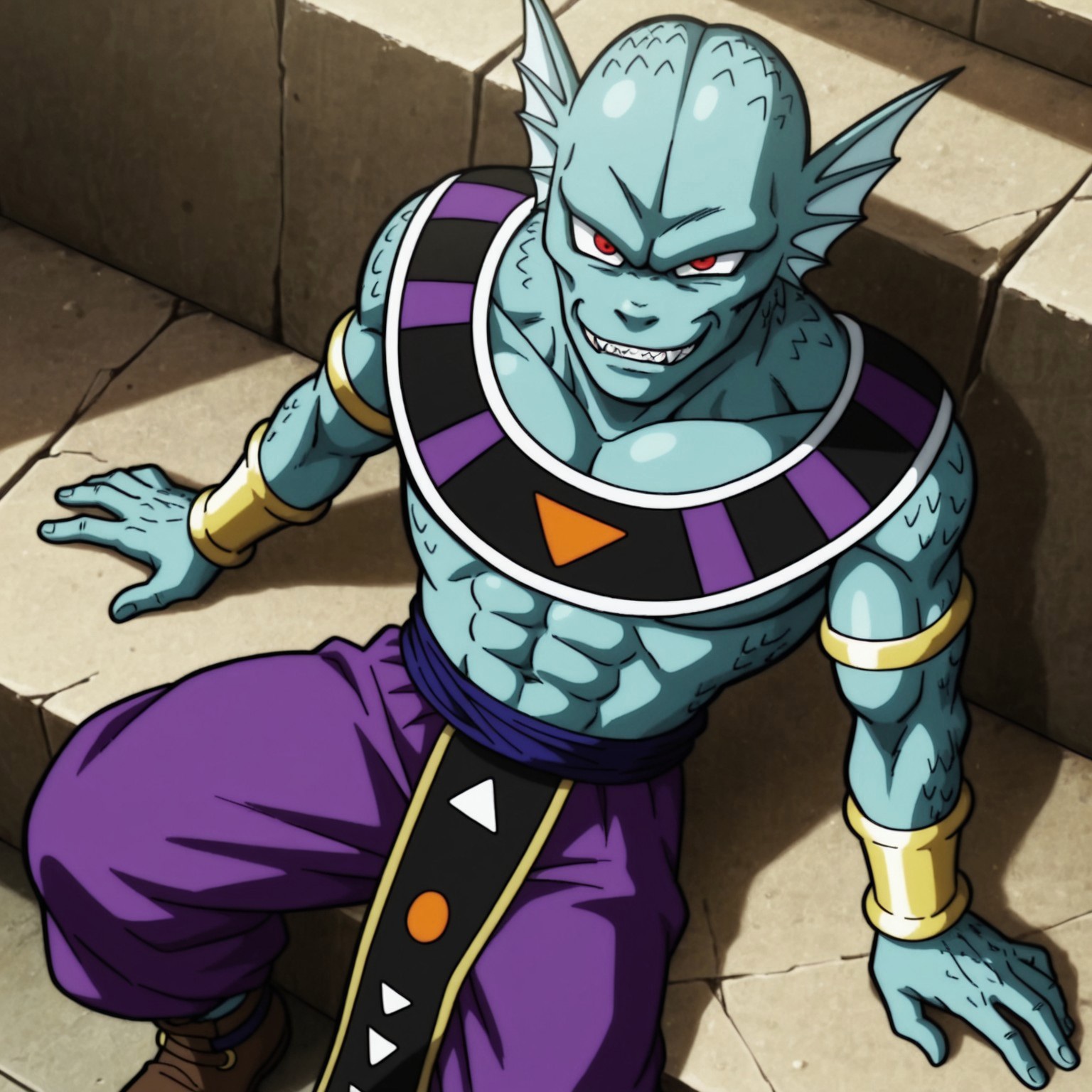 2d, 1boy, solo, Giin, male, muscular, blue skin, scalie, scales, fin-shaped ears, sharp teeth, red eyes, Golden armlets, golden bracelets, purple baggy pants, blue sash belt, brown shoes, Egyptian clothing, fangs 

BREAK from above, looking up at viewer, sitting on ledge, outside, smirk

BREAK best quality, amazing quality, very aesthetic, absurdres, newest, masterpiece 