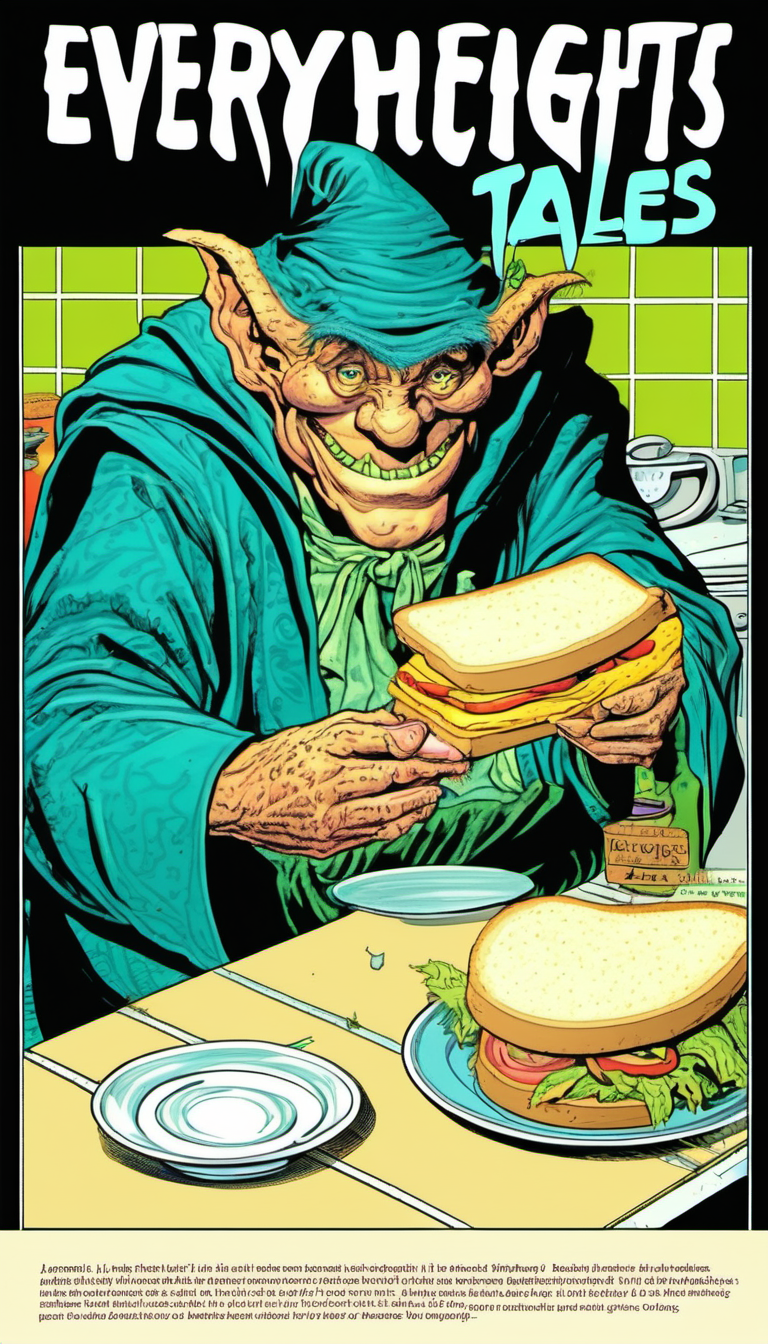 Vintage comic book with (title text: "EVERLY HEIGHTS TALES":1.2). a Dark troll wizard makes a sandwich in a suburban kitchen.  <lora:Everly Heights TaleSpinner XL:1>