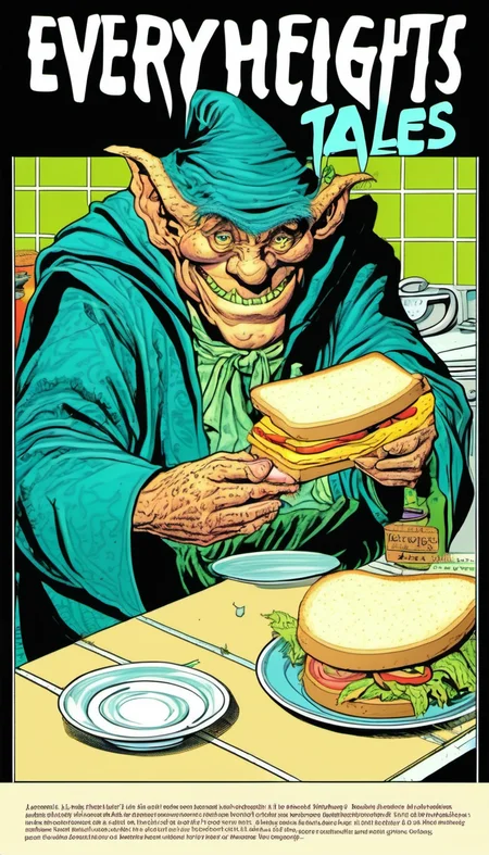 Vintage comic book with (title text: "EVERLY HEIGHTS TALES":1.2). a Dark troll wizard makes a sandwich in a suburban kitchen. <lora:Everly Heights TaleSpinner XL:1>