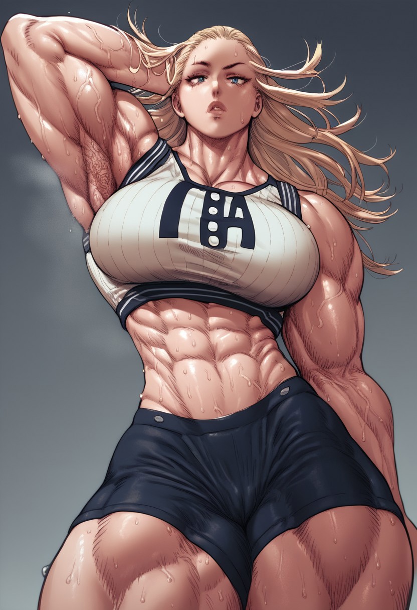 score_9, score_8_up, score_7_up, score_6_up, score_5_up, score_4_up, masterpiece, Cathleen Bates (My Hero Academia), muscular female, large breasts, thick thighs, small shorts, penis bulge, sweat stain, crop top, breast peek, armpit hair, pubic hair trail, sweaty, looking at viewer, raised eyebrow, 
Gym Bench Setting