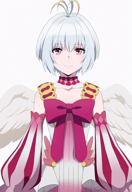masterpiece, best quality, very aesthetic, absurdres,
1girl, fitoria, white hair, pink eyes, short hair, antenna hair,
bow, choker, detached sleeves, dress, angel wings,
upper body, smile, looking at viewer, solo, (simple background, white background:1.3) <lora:FitoriaIllustriousXL_byKonan:1>