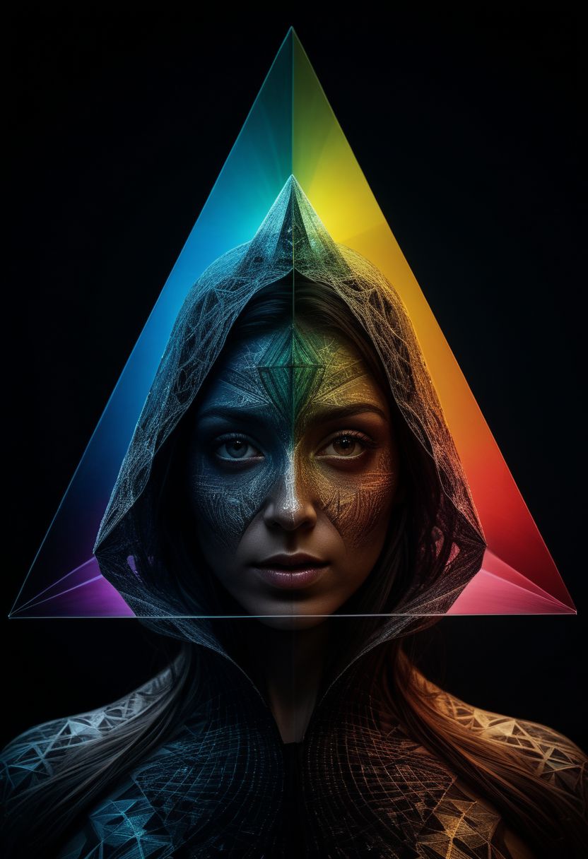 Close-up, mysterious silhouette woman, (light ray shining on pyramid prism splitting in rainbow colours, dark side of the moon), goddess, alluring, by Minjae Lee, Carne Griffiths, Emily Kell, Steve McCurry, Geoffroy Thoorens, Aaron Horkey, Jordan Grimmer, Greg Rutkowski, amazing depth, double exposure, surreal, geometric patterns, intricately detailed, bokeh,  perfect balanced, deep fine borders, artistic photorealism , smooth,  great masterwork by head of prompt engineering   <lora:add-detail-xl:2>  <lora:Double_Exposure:0.5>